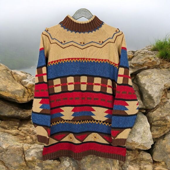 VTG LIZ CLAIBORNE Coastal Beaded South Western Alpine Colorblock Sweater Large - Picture 2 of 6